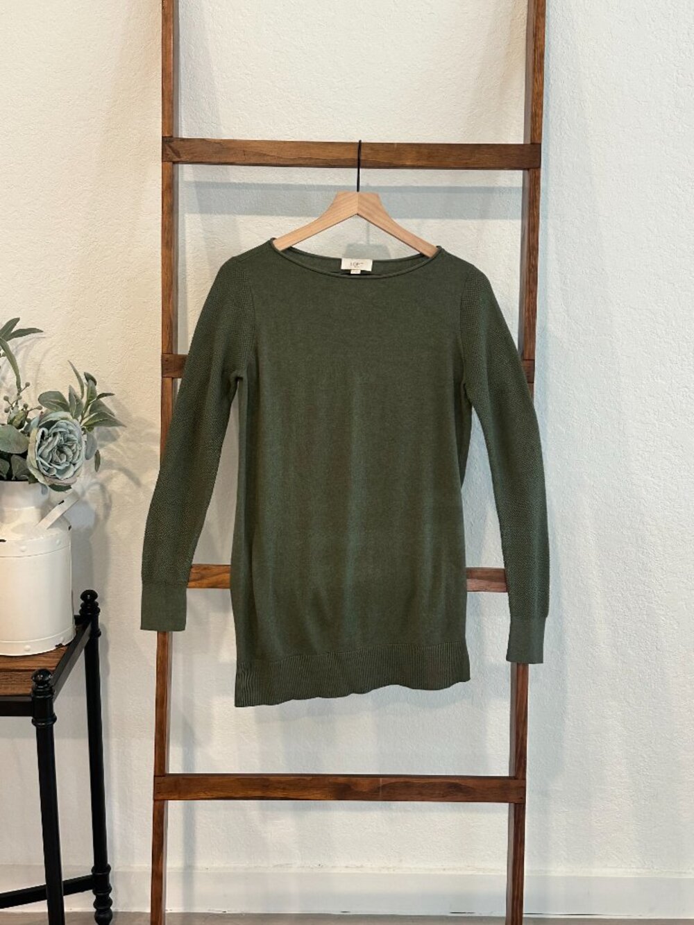 LOFT Outlet Hunter Green Long Sleeve Tunic Sweater Small Textured Sleeves - Picture 12 of 13